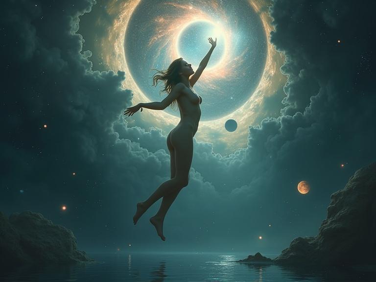 Create a scene with a woman floating in an ethereal space. The composition includes cosmic elements and themes of exploration. The woman is naked, partially submerged, with long hair flowing. One arm reaches toward a glowing portal revealing a cosmic landscape filled with stars and planets. The environment features dark clouds and floating spheres. The lighting is soft from the portal, creating a dreamy mood.