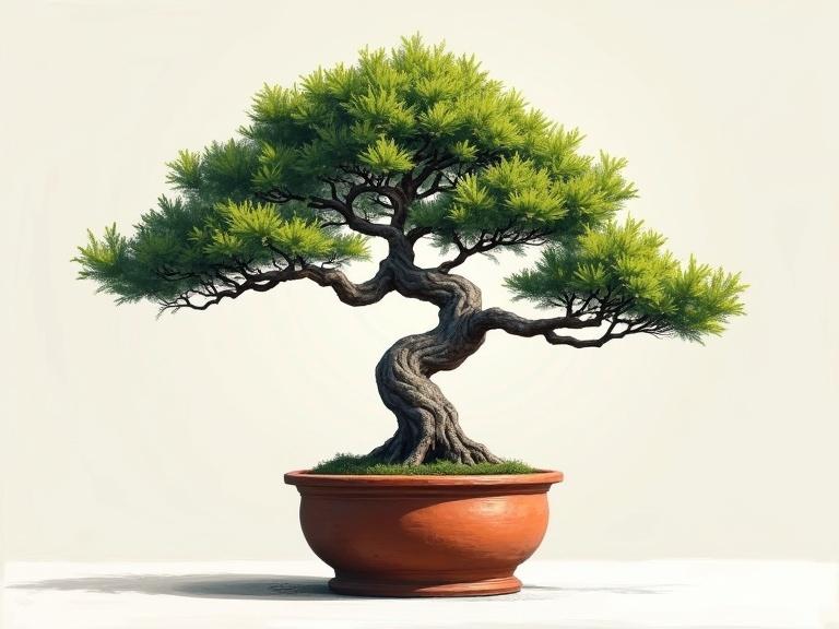 High contrast hand painted acrylic art of a realistic bonsai tree with sparse leaves. The tree has a gnarly, wonky trunk and rests in a simple clay pot against a plain background.