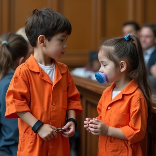 A young boy in an orange jumpsuit plays a prisoner role while his mother acts as a judge. The boy holds handcuffs and shows emotion. A girl stands beside him with an oversized pacifier while pretending to plead. The scene takes place in a courtroom with wooden panels and seating.