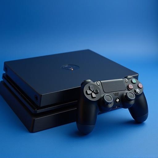 PlayStation 4 console and controller arranged on a blue background. Console stack with a single controller in front.