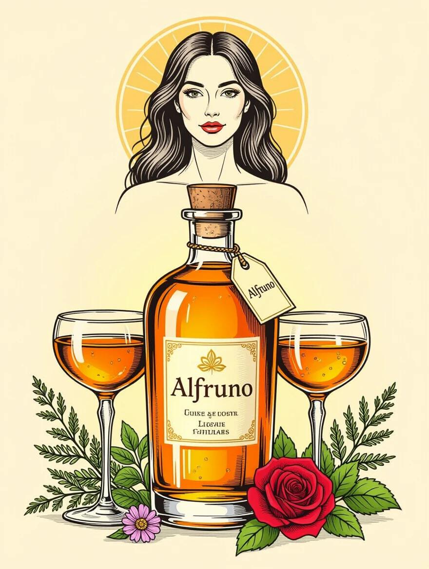 Illustration features an apothecary-style bottle filled with golden-reddish herbal liqueur. The bottle has a cork lid and a tag labeled ALFRUNO. Two cocktail liqueur glasses filled with the same liquid are placed beside the bottle. Surrounding elements include green herbs, wildflowers, and a rose. The background is beige with circular text in red. The overall design conveys elegance and nature.