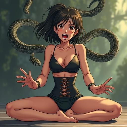 A young woman performing splits in an anime style. She wears a push-up bra and shorts while yelling in pain from the stretch. A tight corset enhances her figure. Snakes attack and coil around her body.