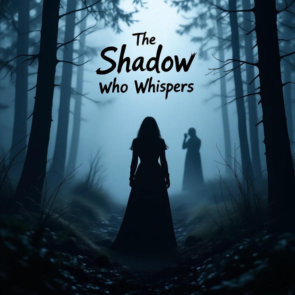 Dark forest setting with a fog. Main subject is a woman with a silhouette behind her. Title is written in black-on-black. Mood is eerie and suspenseful. Intriguing and mysterious theme.