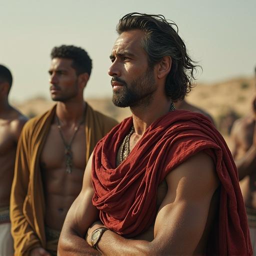 A dramatic scene showcasing David and Jalilat in a moment of tension. Focus on David's expression of defeat and the powerful presence of Jalilat. Set in an ancient landscape with few background figures.