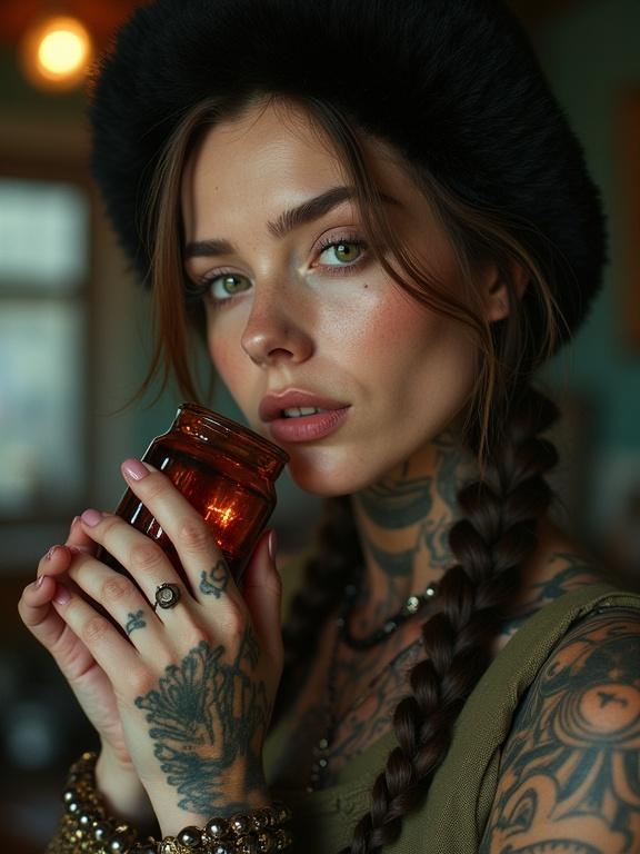 Close-up shot of a woman with alluring eyes and detailed skin in a post-apocalyptic setting. Wearing Slavic attire and a military ushanka. Surrounded by a retro kitchen atmosphere with soft lighting. Holding a candle jar.