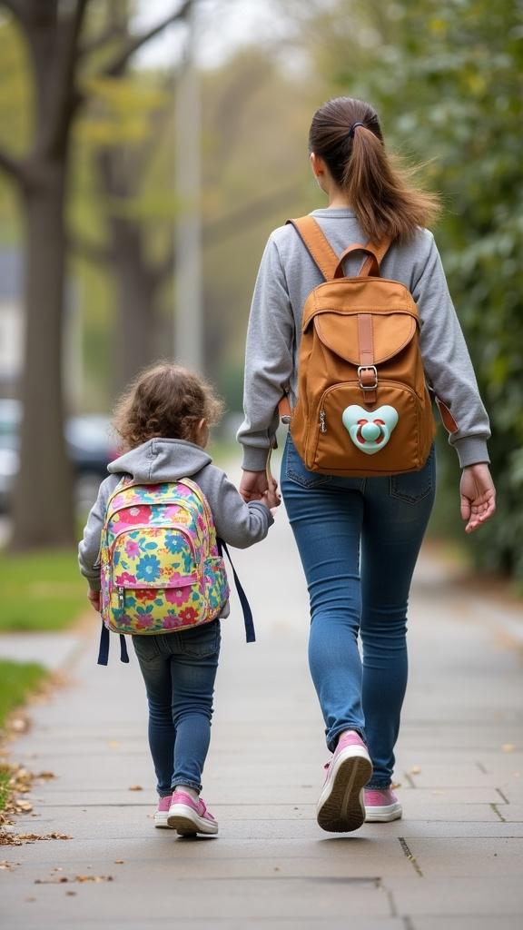 A mother walks with daughter along sidewalk. Child holds mother's hand. Both have pacifiers. Child has colorful backpack. They move towards camera.