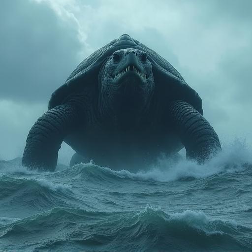A giant turtle monster rises out of the ocean. The turtle is dark greyish blue and has two upward tusk teeth. Its thick textured shell is very detailed. Huge waves crash around it as water cascades off its huge body. The sky is cloudy and atmospheric with a sense of drama. The scene creates a feeling of realism in a fantasy context.