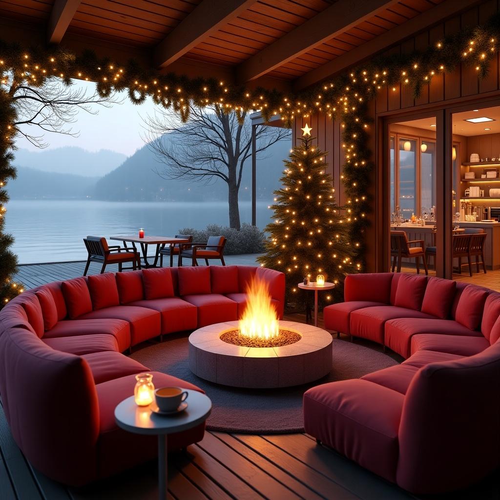 Dreamy Christmas atmosphere at a luxurious lakeside cafe. Wooden porch features a circular fireplace surrounded by a maroon sofa set. Small tables with coffee and candles beside the sofa. Tall Christmas tree decorated with lights. Indoor cafe visible through glass doors, adorned with LED lights.