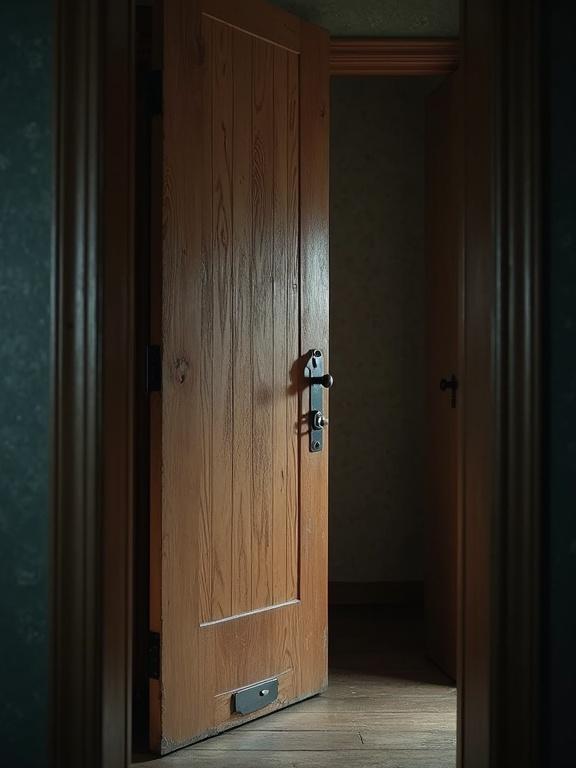 Close-up of a wooden bedroom door from inside. Deep scratch marks appearing slowly from the other side. Faint shadow under the door. Cinematic horror style.