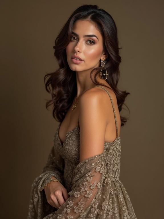 Beautiful confident stylish woman posing gracefully in front of the camera wearing elegant outfits for a clothing brand photoshoot