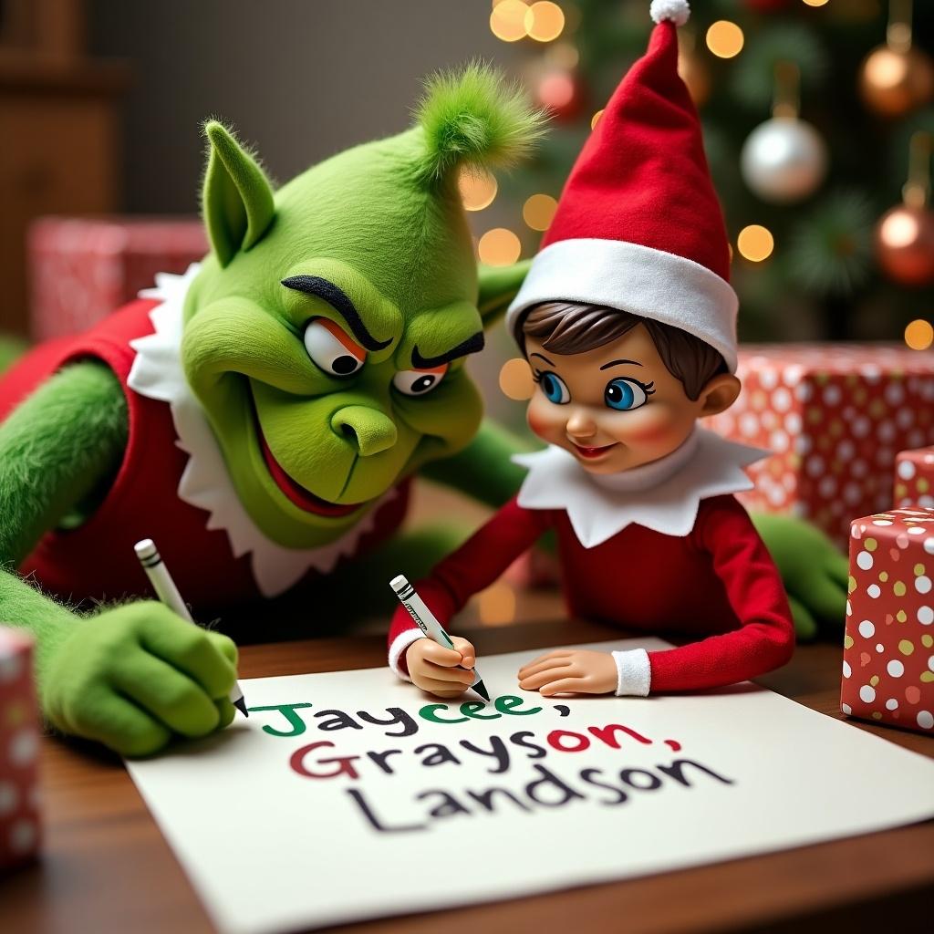 The Grinch and Elf on the Shelf are writing names on paper. Festive Christmas background with gifts and decorations.