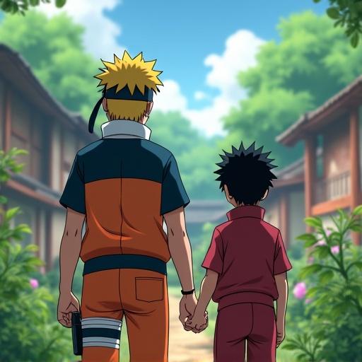 Cinematic high-quality image of Naruto and Luffy standing in a garden. Focus on their backs. Colorful flowers around. Bright blue sky above. Friendly atmosphere.