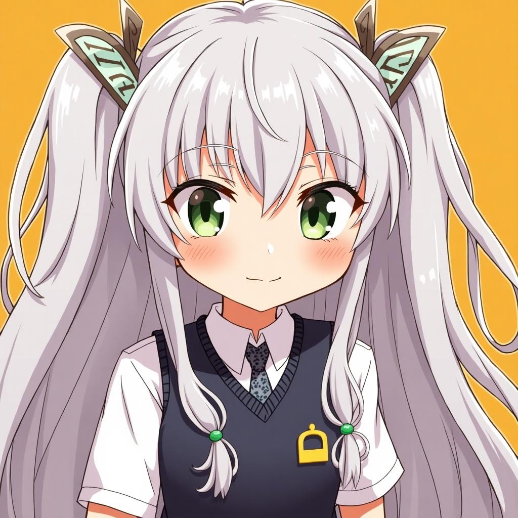 Character named Noime with long silver hair and green eyes. She wears a white shirt with a black vest and a tie. The background is bright yellow. Her expression is cute and friendly.