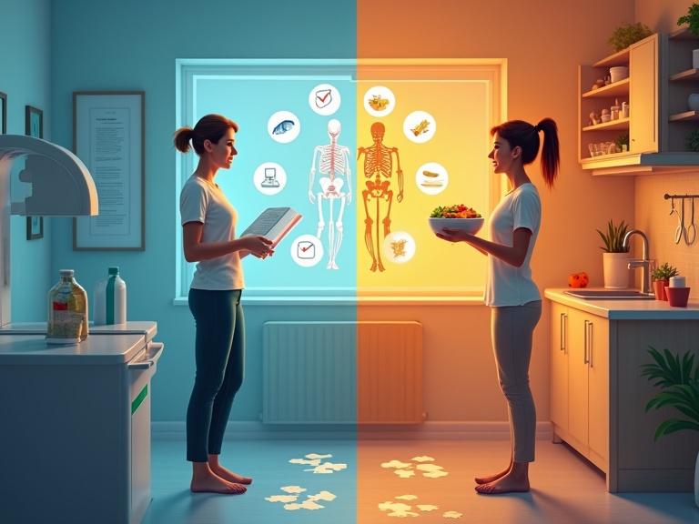 Image depicts a woman transitioning from a clinical setting to a vibrant kitchen. On the left, she holds a checklist in a medical environment. On the right, she smiles holding a nutritious meal. Background shows floating health icons and a glowing bone structure.