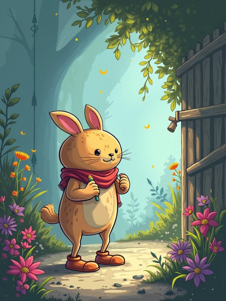 A cute cartoon bunny in a forest standing in front of a wooden gate. Bunny wears a scarf and looks curious. Surroundings filled with colorful flowers. Background shows tall trees and a whimsical atmosphere.