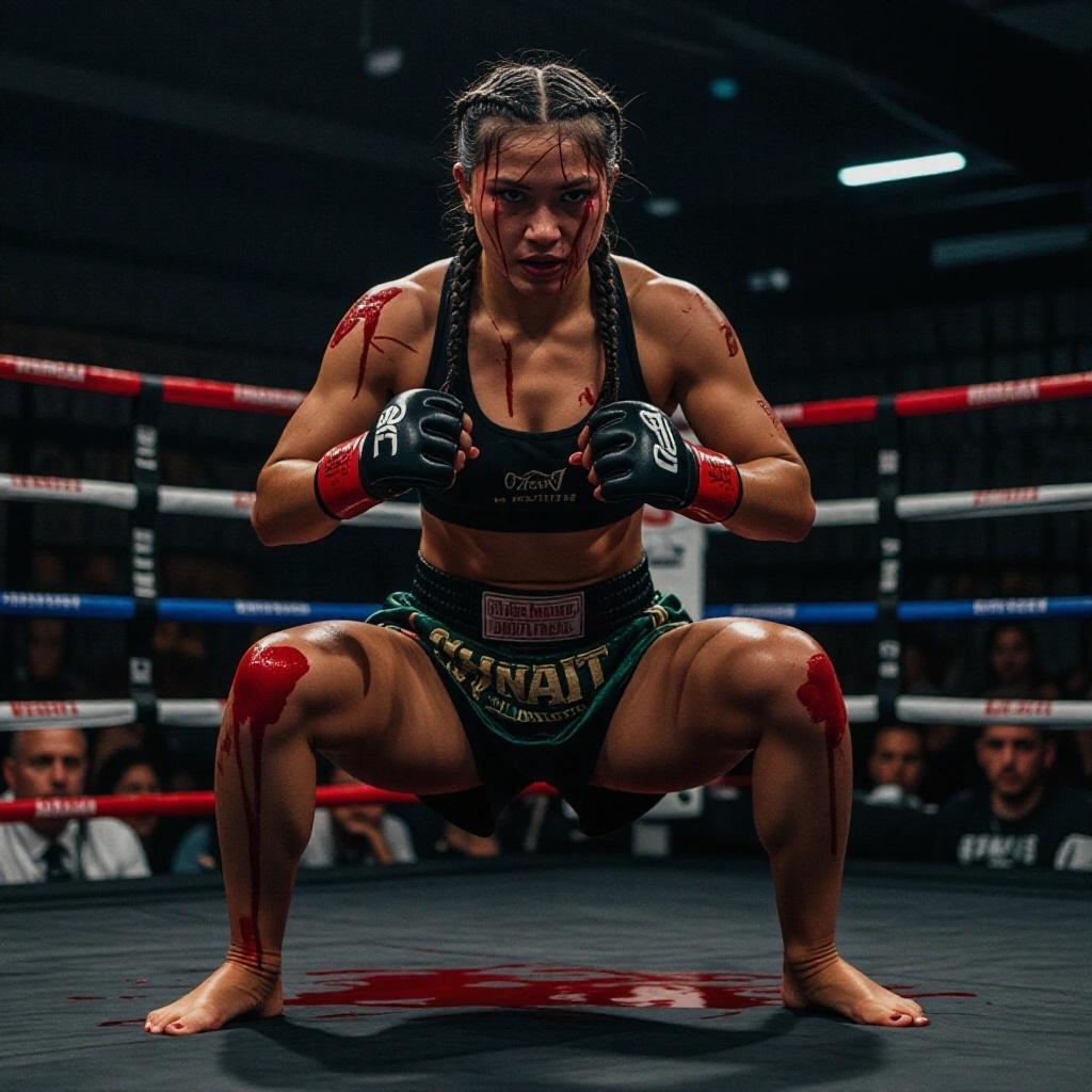 Female muay thai fighter in a fighting stance. Fighter has sweat on body and is visibly motivated and focused. Bloody streams on the body create a dramatic effect. Blood dripping from clenched fists and smudges on feet with bloody areas on the floor.