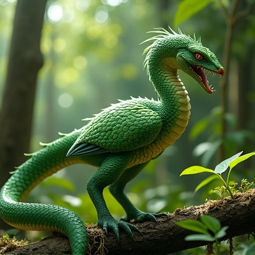 A hybrid creature with the body of a chicken and a long spiral neck. The creature has scales, sharp claws, and glowing reptilian eyes. Forest setting includes several tree trunks and roots with exposed bark. Various small plants surround the trees. Sunlight dapples through the leaves, creating light and shadows. The animal is vibrant green, walking in the forest. The image is clear and has good contrast.