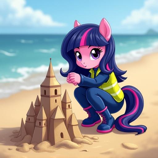 Twilight at the beach. Building an elegant sandcastle. Character resembles a human girl. Long navy-blue hair with pink and purple stripe. Wearing a hi-visibility vest. Navy-blue school track top and pants. Knee-high navy-blue wellington boots with pink laces and purple soles.