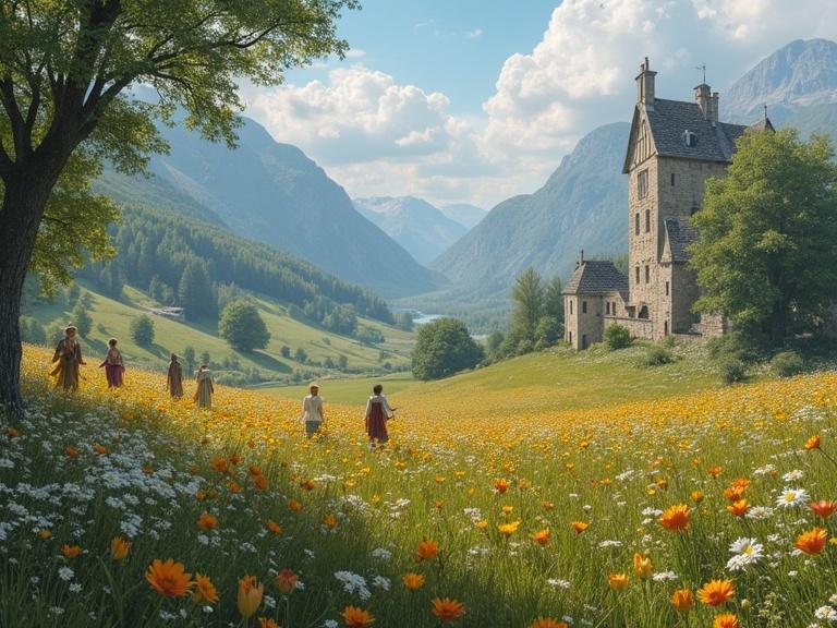 Fantasy scene depicting elves and dwarves celebrating in a meadow. The landscape features a background of mountains and an old ruined castle. Bright flowers fill the meadow, creating a vibrant atmosphere.