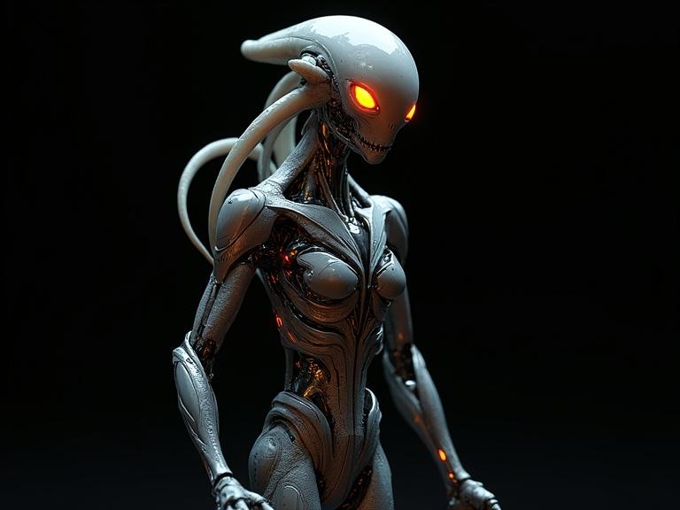 Alien creature with tentacles and glowing eyes inside a silver mechanical exo suit. High detail and textures on suit. Dark background with shadows. HDR lighting effects. Sci-fi aesthetic.