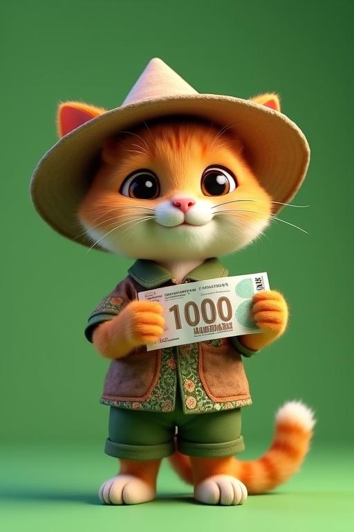 3D animated cat on a green background. Cat wears farmer outfit. Conical hat and batik shirt. Holds Indonesian currency. Cat smiles proudly.