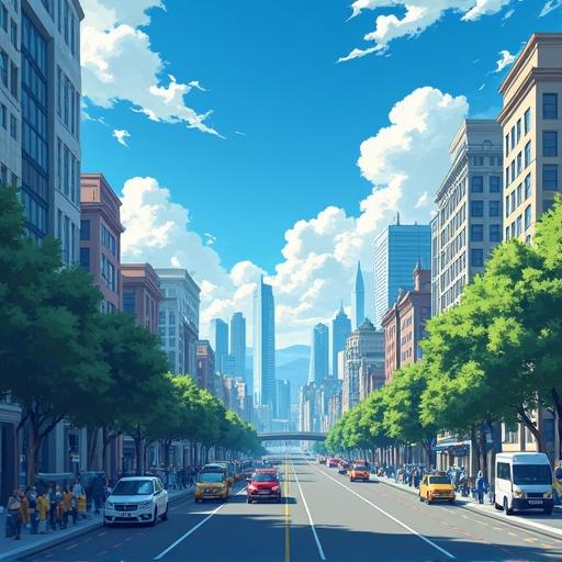 Anime style city with tall buildings and clear sky. City streets lined with trees and vehicles. People walking along the sidewalks.