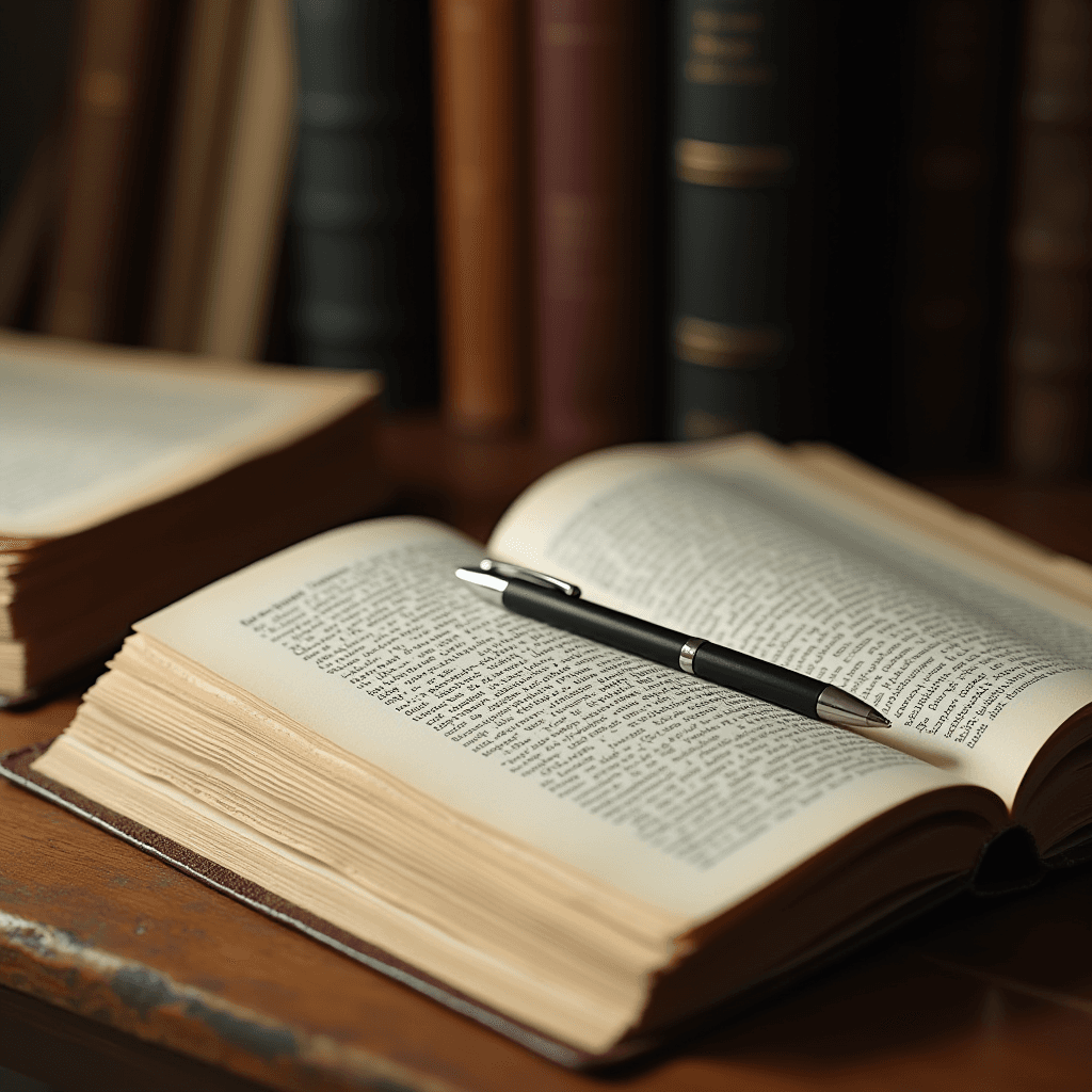 An open book with a pen rests on a wooden desk against a backdrop of aged bookshelves.