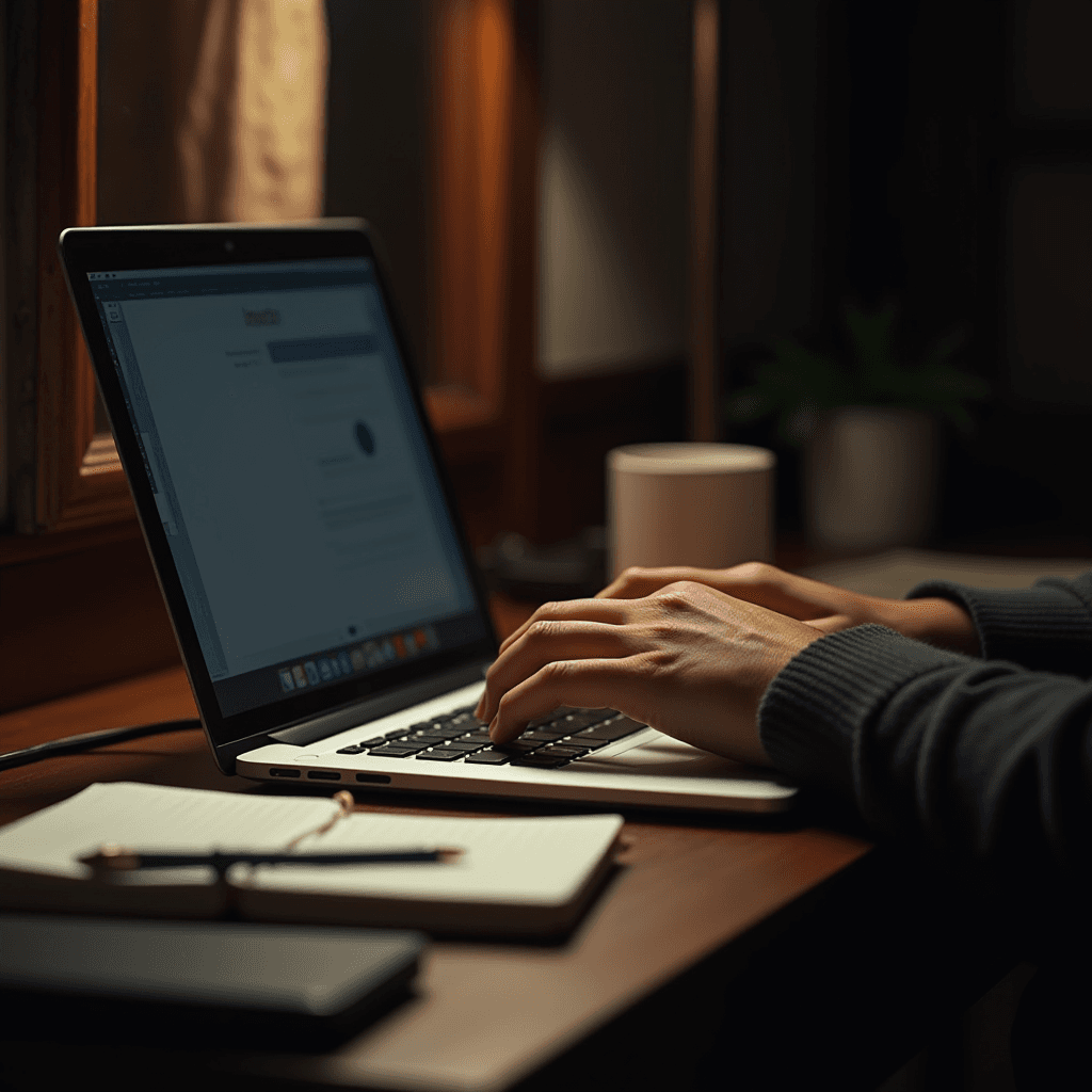 A person typing on a laptop in a warmly lit room, with a notebook and coffee nearby.