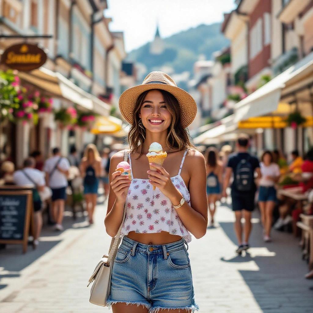 Girl enjoys ice cream while walking through summer tourist spot. Bright, joyful atmosphere with tropical vibe.