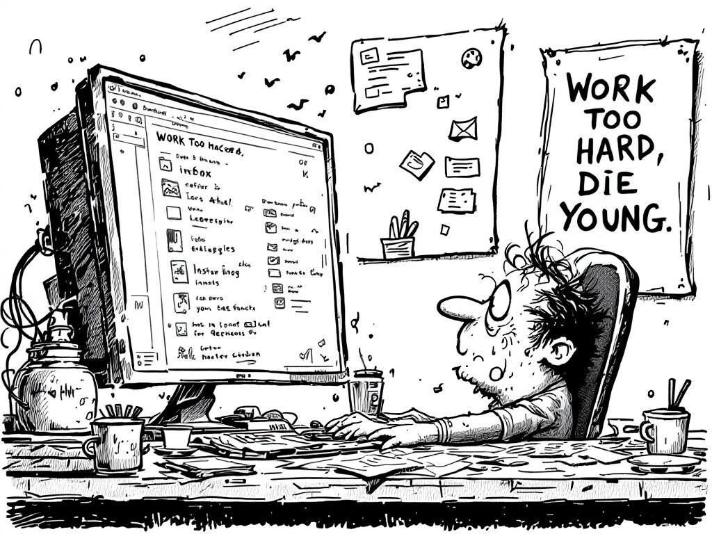 Black and white cartoon style illustration depicts an overworked office worker with messy hair and sweat on his forehead. Screen shows overflowing inbox. Worker is slouched at a desk cluttered with coffee stains and papers. Background features a poster with a motivational quote about work and youth, designed in a detailed line drawing style.