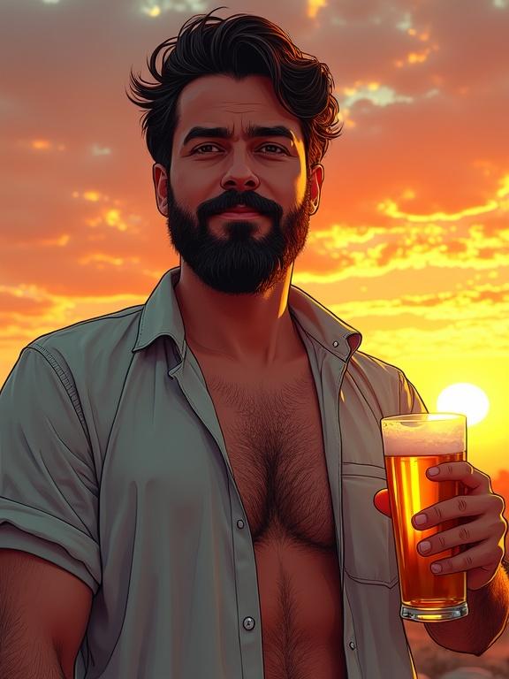 Hand-drawn illustration of a man with a beard and mustache wearing an open shirt and holding a beer glass during sunset. Features include dramatic and flat shadows, realistic proportions, vibrant colors, and cinematic composition.