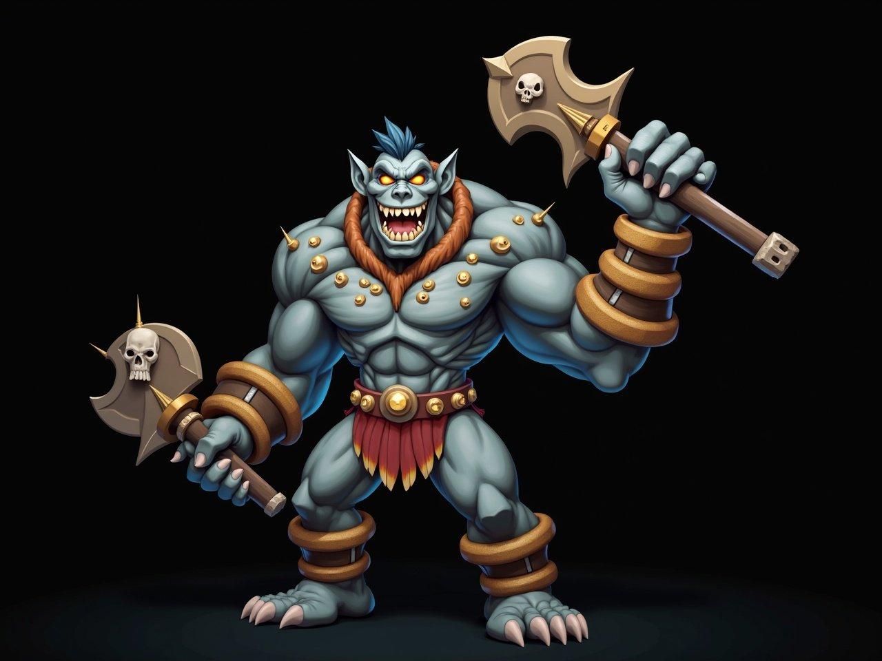 A strong and fierce mythical creature stands with an imposing presence. The figure has an intense expression, showcasing sharp teeth and glowing eyes. Its skin has a bluish tint, and it features large, muscular arms and torso. Adorning the creature are decorative accessories like golden bands around its arms. In one hand, it wields a powerful weapon that appears formidable, decorated with skulls. The backdrop is dark and highlights the creature's vibrant features, enhancing its supernatural aura.