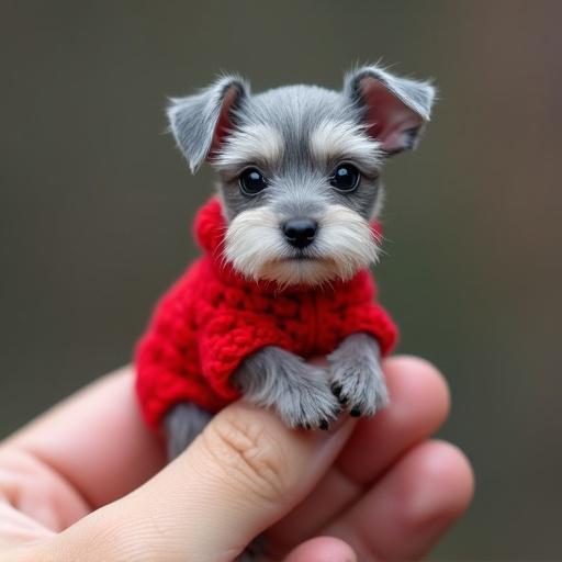 Tiny gray schnauzer puppy. Puppy sits on a fingertip. Dressed in red crochet suit. Small body fits entirely on one finger. Tender sweet face. Big happy smile. Cheerful demeanor. Smiling. Very happy.