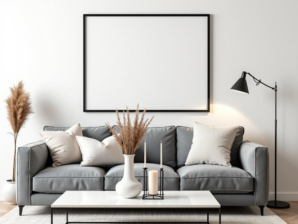 This is a mock-up picture of a modern living room interior design. The image showcases a cozy gray sofa adorned with various decorative pillows, positioned against a plain white wall. Above the sofa, there is an empty black-framed picture frame ready for artwork or photography. In the center of the room, a sleek white coffee table holds a vase with dried pampas grass and two elegant candle holders. A stylish floor lamp adds a contemporary touch, completing the serene ambiance of the space.