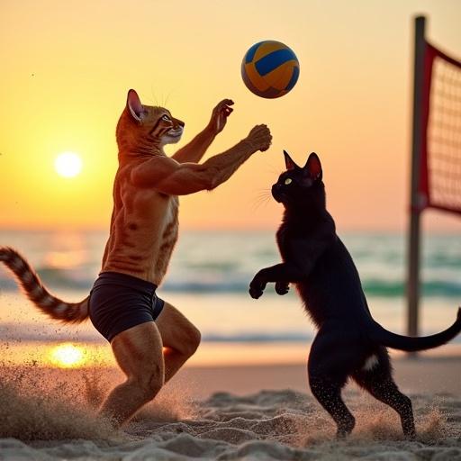 Two anthropomorphic cats play beach volleyball at sunset. One is a muscular ginger cat; the other is a muscular jet-black cat. They wear athletic swim shorts. Background features a beach setting and a vivid sunset. Sand flies up as they interact.
