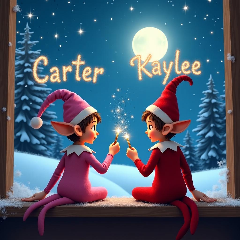 Two elves are sitting on a shelf. One elf is pink and the other is red. They hold magical wands. They write the names 'Carter' and 'Kaylee' in glitter. The elves face a snowy landscape. There are stars in the night sky and a bright moon shines.