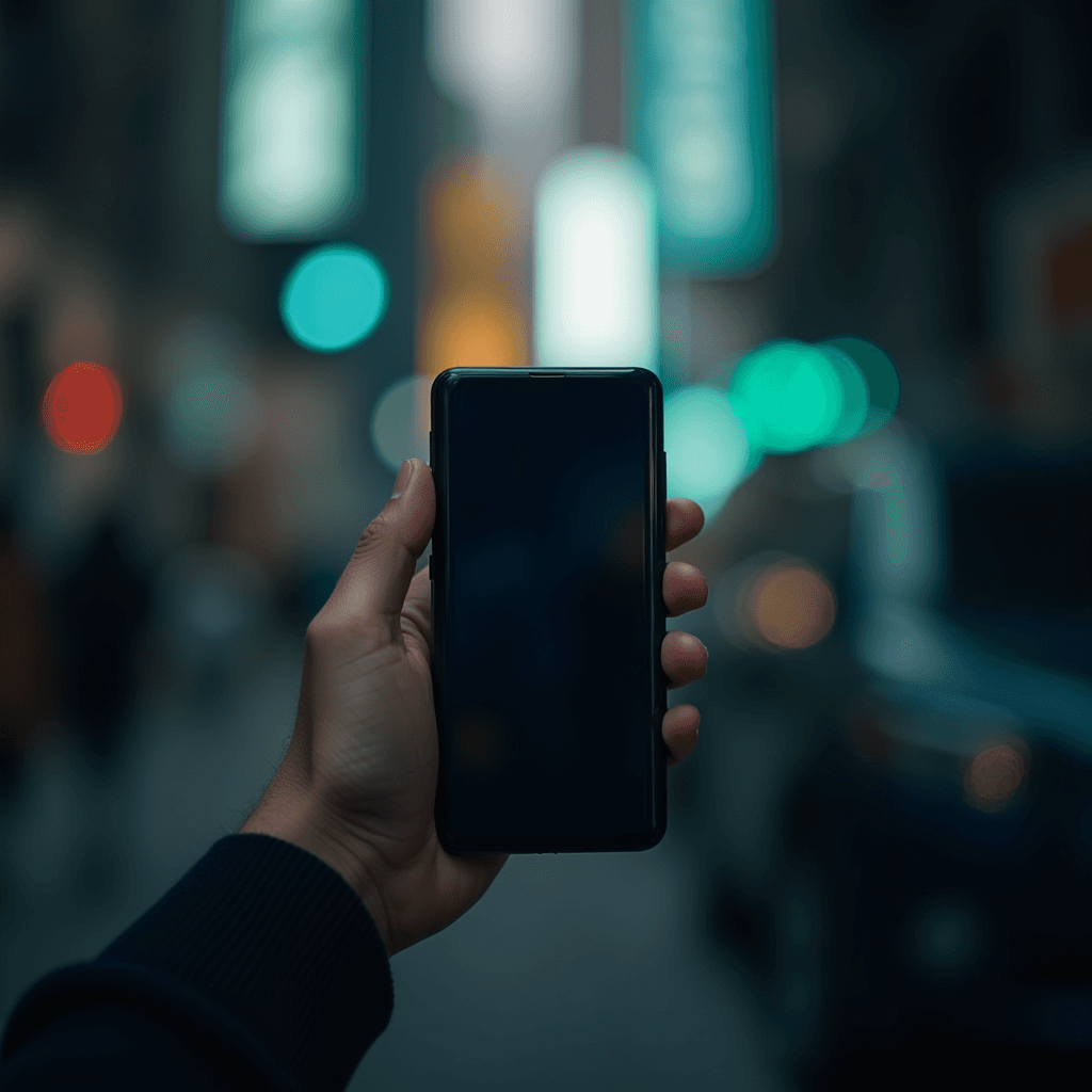 A hand holding a smartphone in a blurred cityscape with colorful lights.