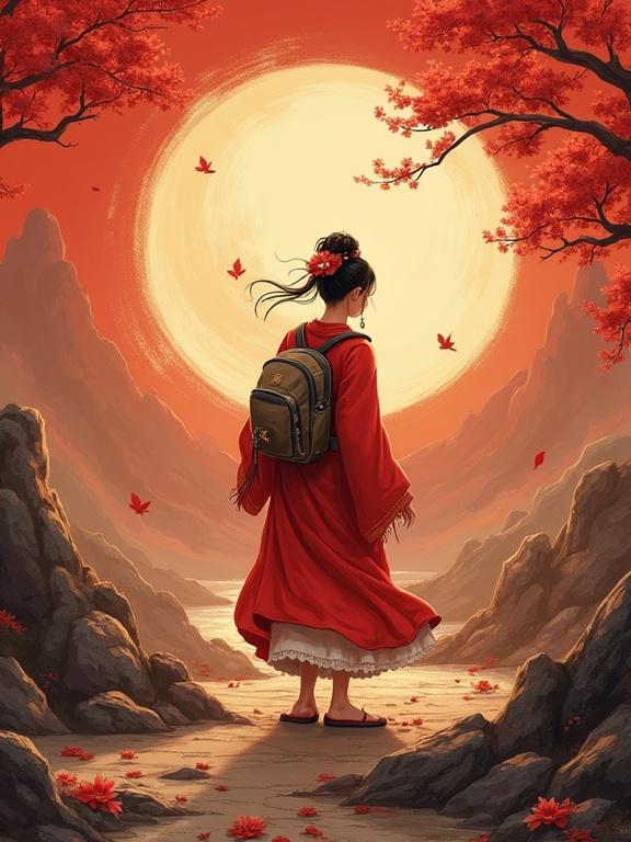 A girl in a red kimono stands on a path in an autumn landscape. She has a backpack and is gazing at a large glowing sun. Surrounding her are red maple leaves. Mountains are visible in the background.