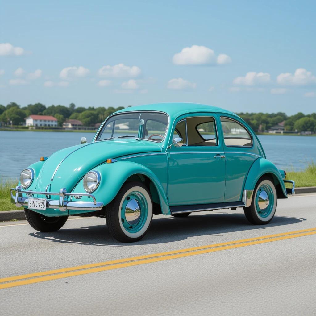 Ultra-sharp archival photograph of a 1950s Volkswagen Beetle in pristine turquoise color. Car occupies 90% of the frame, centered in a low-angle side profile. Bright lighting in a pure white background without any distractions. Details include split rear window glass and thread pattern on hubcaps. Shot with a high-resolution camera and precise optics for critical detail.