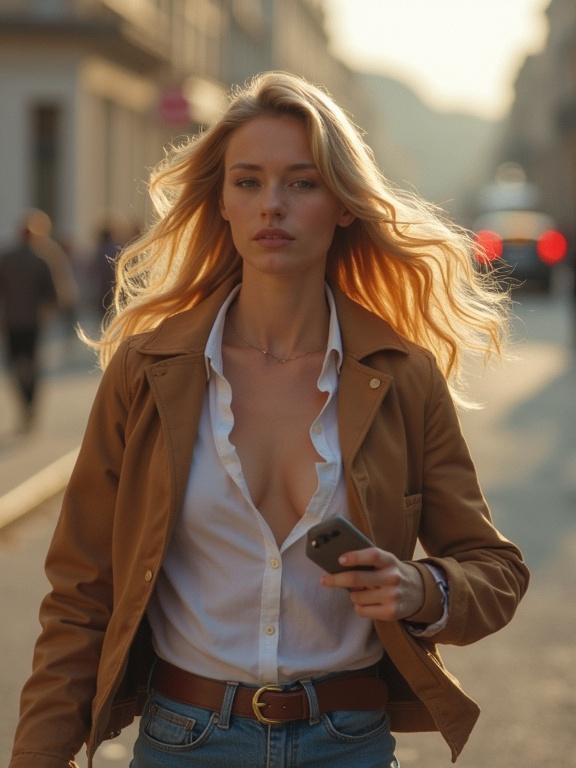 woman with blonde hair walking in urban street holding a phone wearing casual clothing seems to be rushing during the evening.