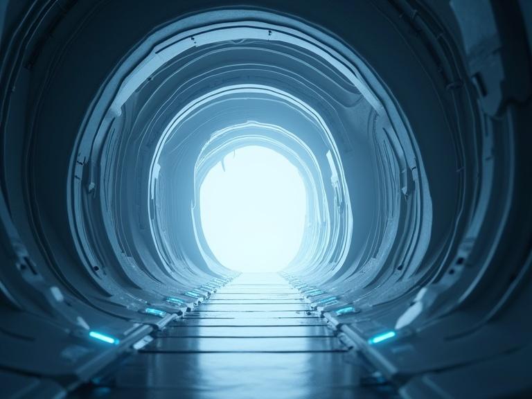 Create an image of a sleek smooth silver metallic oval bevel shaped alien sci-fi organic tunnel interior with bright white light shining through. The floor is sleek and smooth metallic. Include shadows, details, and realism in a 4k resolution. Add a bright blue lens flare in the middle of view with soft reflections.