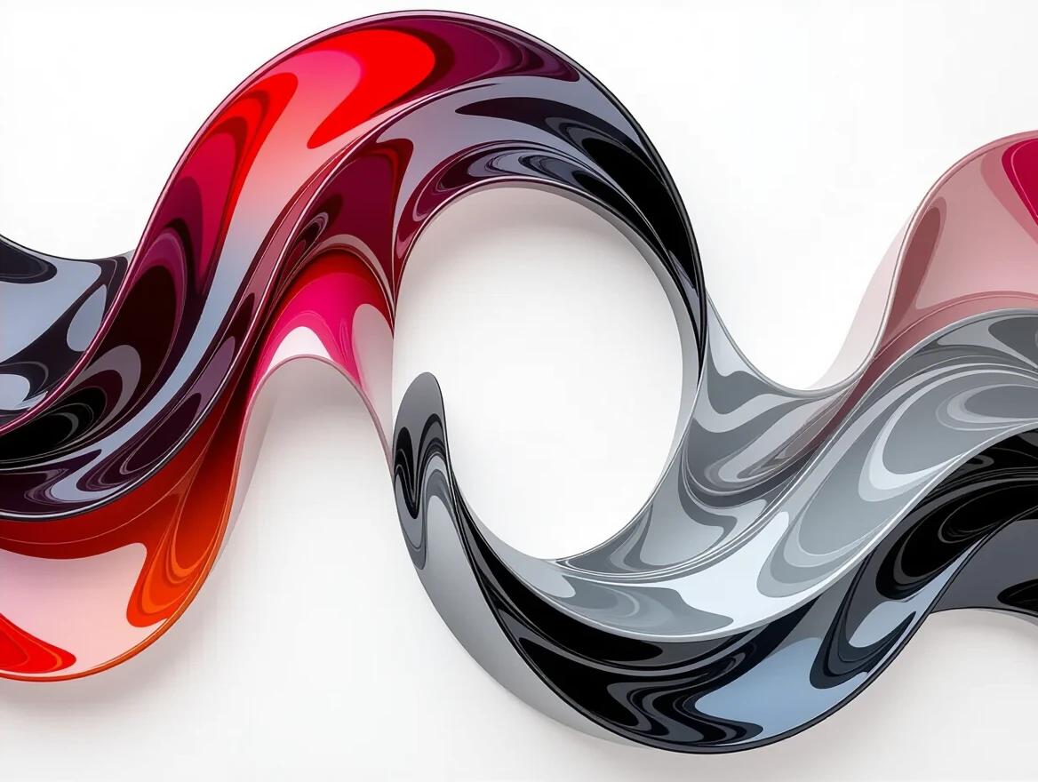 3D abstract image showcasing a flowing, glossy ribbon-like structure. The design features a color gradient transitioning from deep red to black and light grey. The ribbon is set against a plain white background and is highlighted with subtle shading and shadows to emphasize its curves. The piece reflects the essence of iridescent ceramic tiles and glass mosaics, incorporating an ethereal and abstract quality through encaustic mixed media.