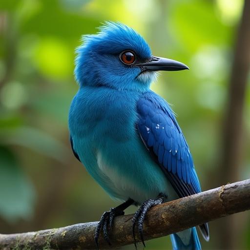 Stunning portrait of Neela, a rare blue Tiya bird, on a mangrove branch. Deep sky-blue feathers with white spots. Large intelligent eyes show curiosity and courage. Background is a vibrant Sundarbans forest with bright greens and blues.