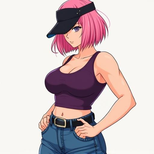 Anime drawing featuring a woman with pink hair and a bob haircut. She wears a dark purple tank top and blue microjeans. A Dragon Ball saiyan visor is on her head. Style inspired by Mamoru Oshii.