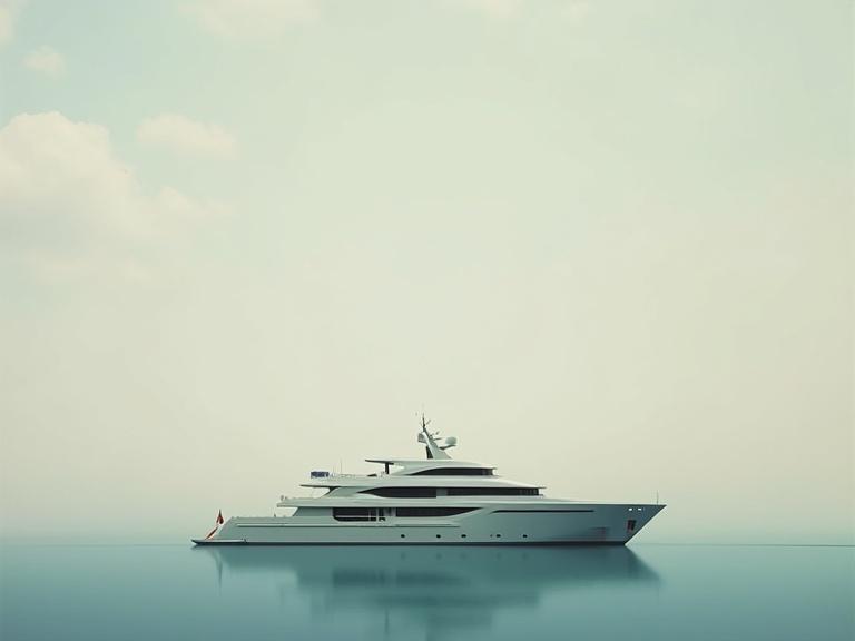 Surreal side view of a modern yacht floating on calm water in a dreamlike color palette. Background features an open sky with soft clouds without any other objects. The atmosphere is mysterious and minimalist.