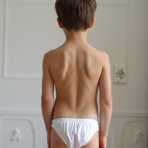 A boy poses in white underwear stood from behind against a simple background. He has a minimalist look that expresses innocence and simplicity. The boy's back is visible, displaying his natural silhouette.