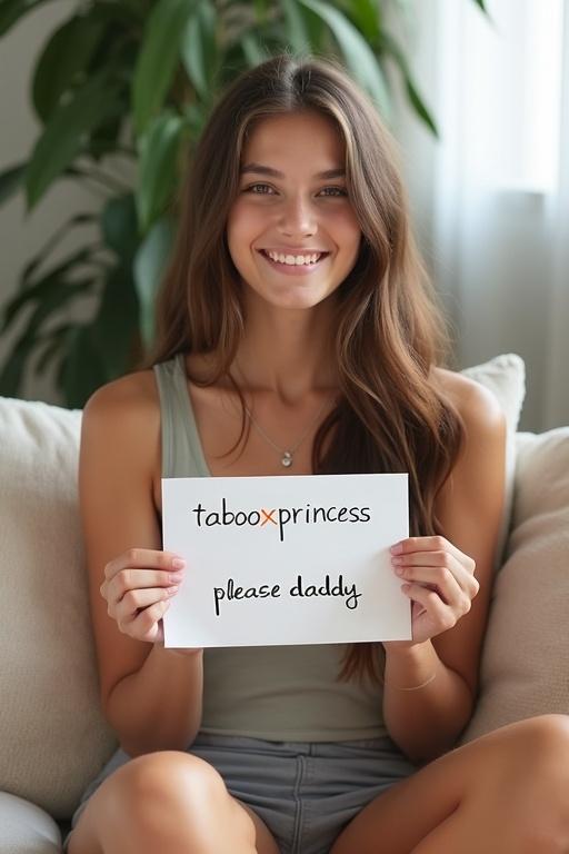 A young woman with long brown hair sits in a cozy living room. She wears a tank top and shorts. She smiles while holding a piece of paper. The paper shows her Instagram handle. The decor includes soft pillows and plants. Natural light filters through a window. The atmosphere is welcoming and casual.