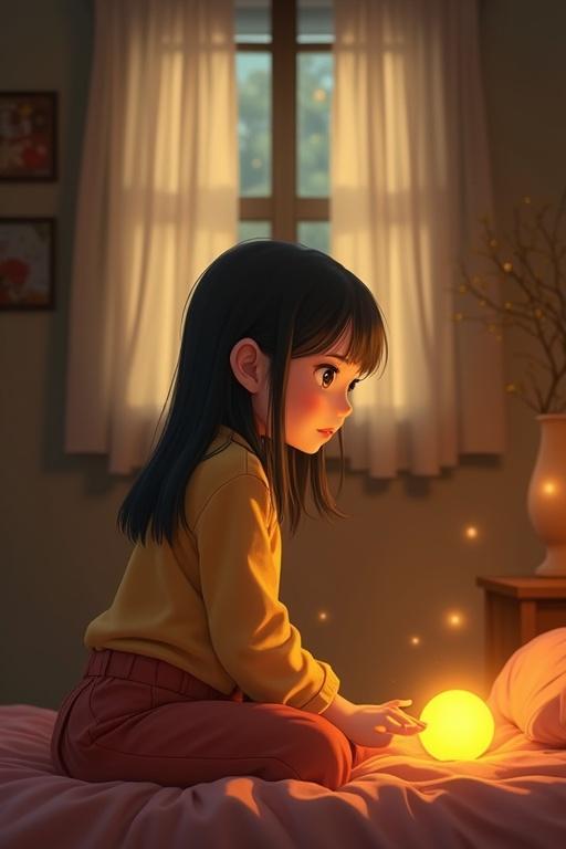 Animated girl with dark hair sitting on bed in cozy bedroom. Nightlights shine through window. Scene evokes nostalgia and comfort. Glowing yellow orb floats in air near her head.