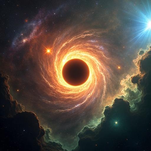Image of a universe centered around a supermassive black hole. Black hole has a glowing orange and yellow accretion disk. Three spiral galaxies in the background, with one showing a gravitational lens effect. Two elliptical galaxies in the upper left and one irregular galaxy in the lower right. Large colorful nebula in shades of green, orange, and purple in the foreground. Bright blue quasar with energy jet in the upper right corner. Includes stars and comets for depth. Wide-angle perspective.