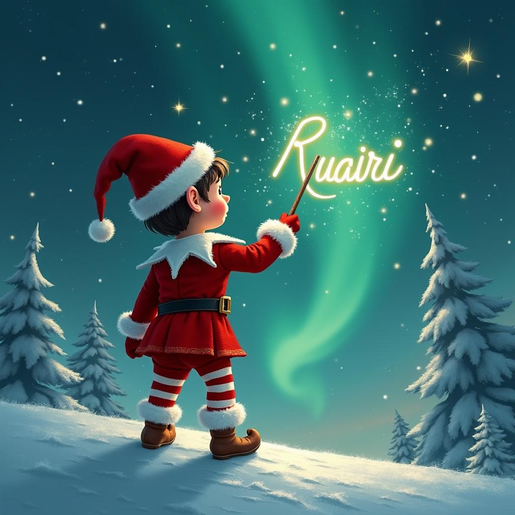 Elf wearing red and white striped trousers stands on snow looking at northern lights. Elf uses wand to write Ruairí in the night sky. Background filled with snowy trees and magical glow.